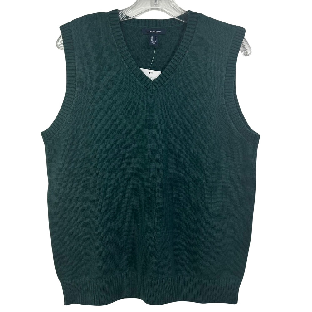 Lands End Mens V-Neck Sweater Vest Forest Green 100% Cotton Size Large